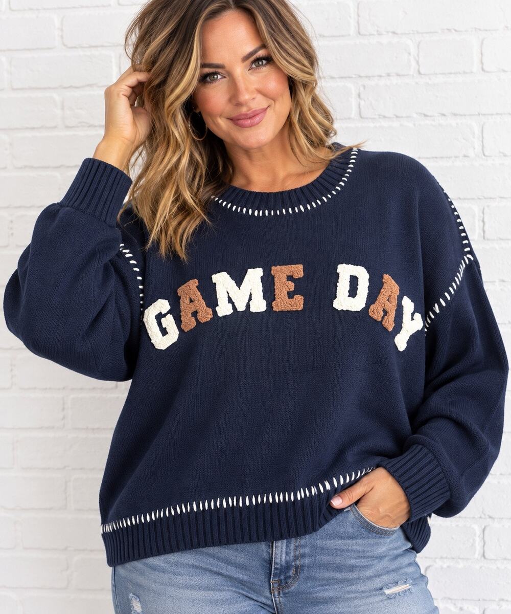 White Birch Game Day Sweater Womens 2X Navy Blue Oversized Varsity Football Knit